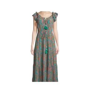 Figue Gianna Tassel Tiered Ruffle Silk Maxi Dress Size L